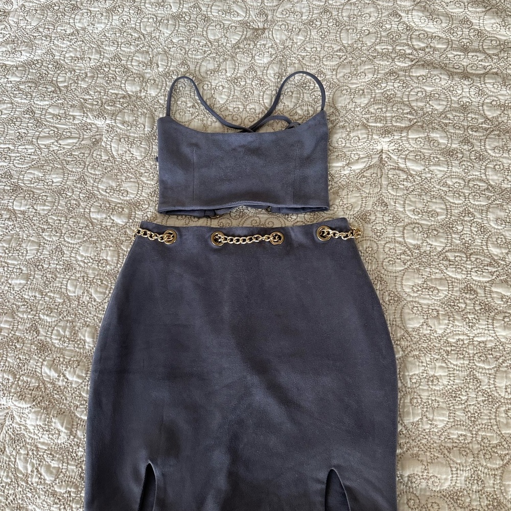 Stylish Gray Two-Piece Set with Gold Chain Detail